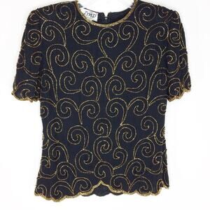 Vintage JMD New York Womens Medium Beaded Blouse Gold Black Short Sleeve
